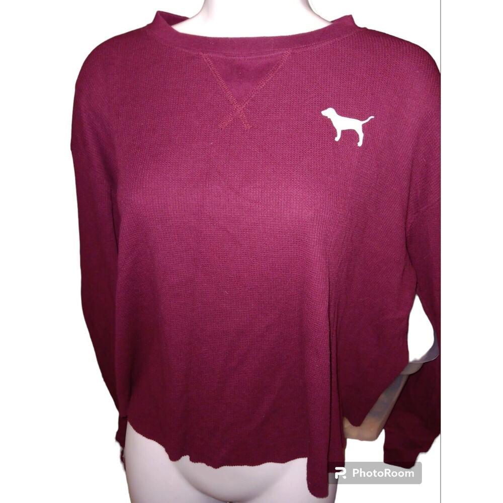 Victoria's Secret Pink Women's Burgundy Long Sleeve Waffle Knit Top, Size Small